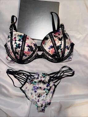 Victoria's Secret Floral White & Black Strappy Bra and Panty Set